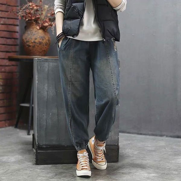 

women's jeans spring fashion women elastic waist vintage loose femme casual cotton denim harem pants m335 avo4, Blue