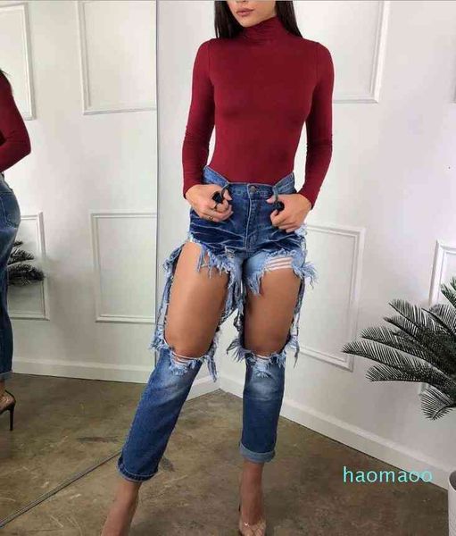 

women's jeans fashion-hole high waist pencil women hollow out tassel denim skinny pants stretch long trousers 91wx, Blue