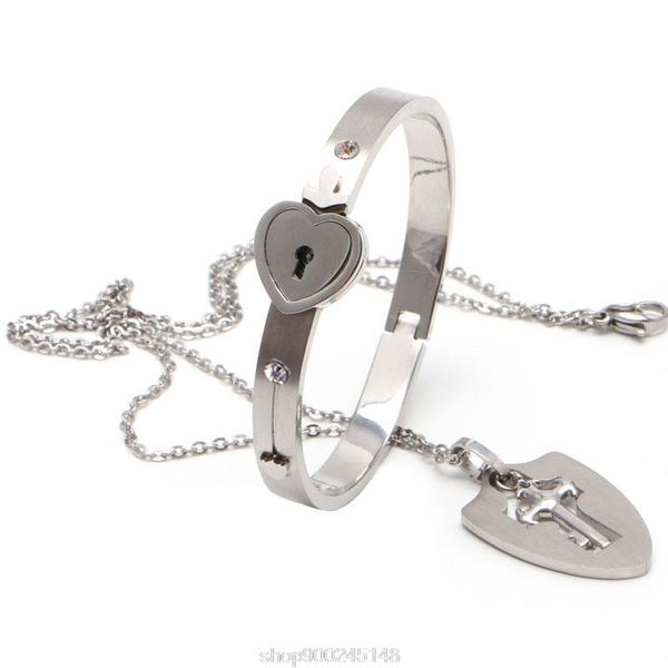 

earrings & necklace couple titanium steel lock bangle bracelet key pendant love sets gift n04 20 drop, Silver