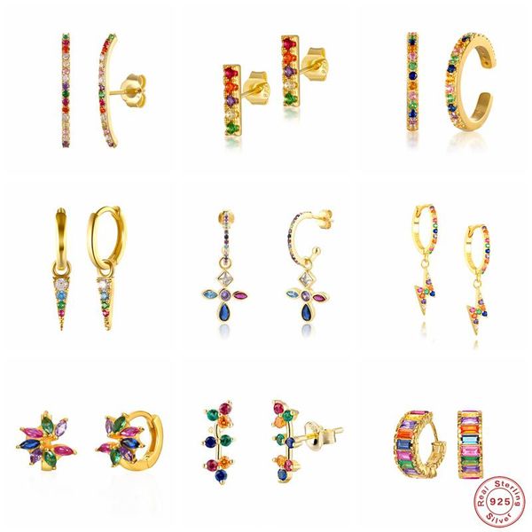 

hoop & huggie gs 925 sterling silver colored crystal earrings collection rainbow zircon mosaic charm circle jewelry, Golden;silver