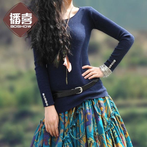 

fashion red o-neck autumn and spring long sleeve sweater button decoration stretch for women boshow women's sweaters, White;black