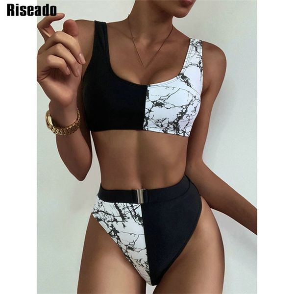 Riseado Push Up Bikini Alto Cintureira Mulheres Swimsuit Mulheres Belted Swimwear Mulheres Banhando Ternos Patchwork Sexy Set Verão 210621