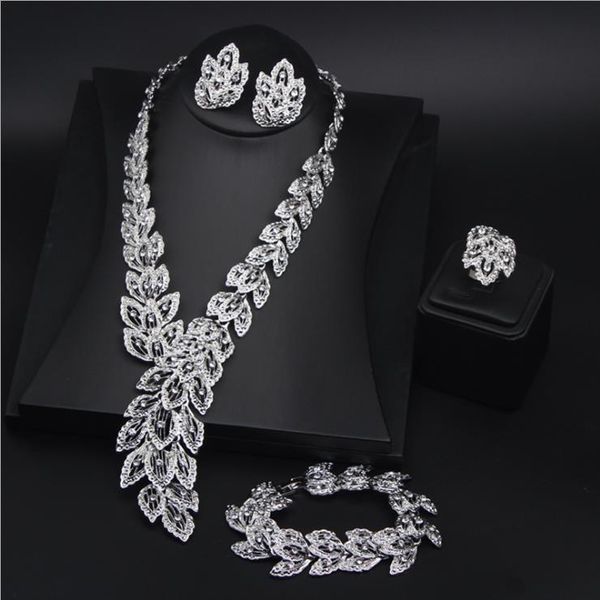 

earrings & necklace fashion luxury jewelry sets for women costume accessories crystal feather earring bracelet ring set wedding gift, Silver