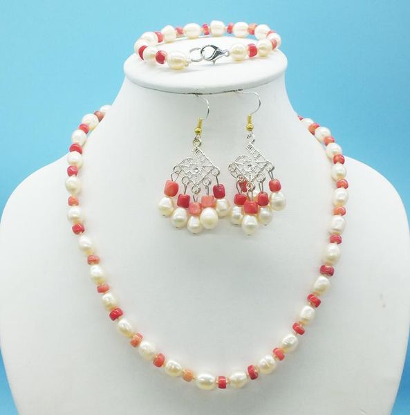 

earrings & necklace promotion 8-9mm natural pink pearl and coral necklace, bracelet, earrings, classic ladies jewelry set, Silver