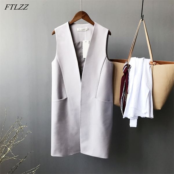 

women spring arrival solid casual v-neck pocket medium long vest office lady simplicity sleeveless suit jacket 210430, Black;white