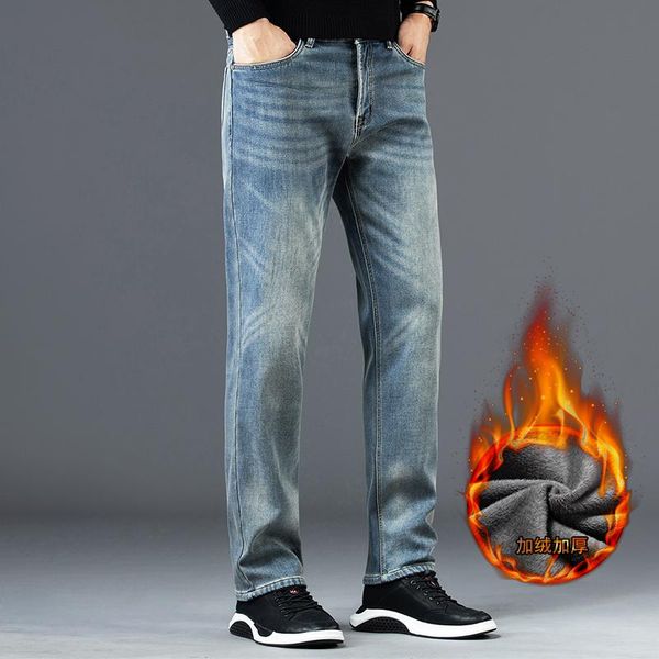 

men's jeans 2021 vintage winter fleece thick warm brand stretch classic pocket youth men fitted slim straight denim, Blue