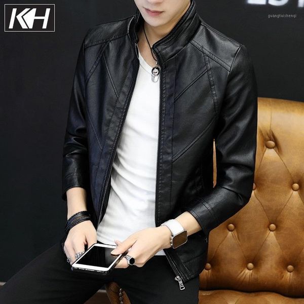 

men's fur & faux kh spring and autumn fashion youth pu leather jacket mens stand collar casual patchwork slim coats, Black