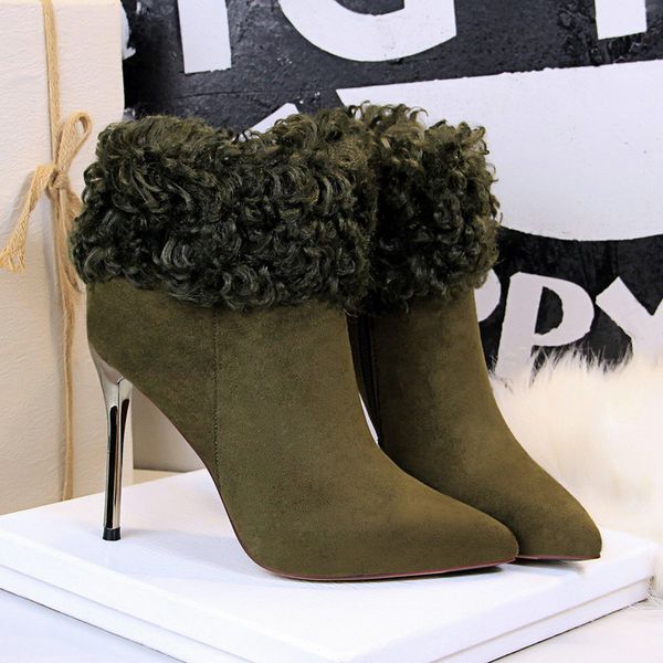 

boots length flock women fashion pointed toe thin heels high heel winter ankle boots ladies shoes 8663-6, Black