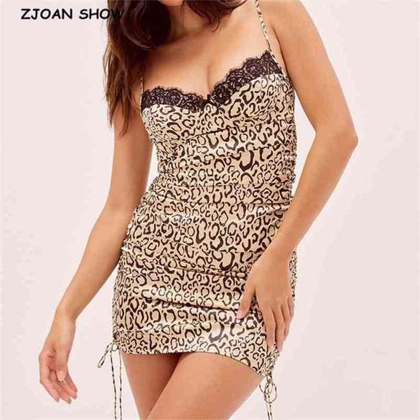 

lace spliced animal leopard print spaghetti strap dress women adjust rope ruched mini short backless party dresses 210429, Black;gray