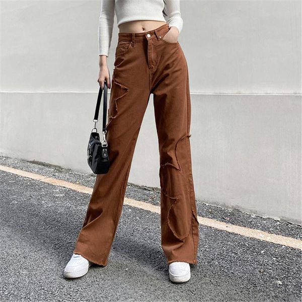 

women's jeans women brown high waist button ripped elastic pants solid trousers pocket strechy denim streetwear, Blue
