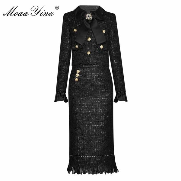

moaayina fashion designer set spring autumn women's long sleeve single-breasted jacket +package hip skirt two-piece set 211104, White