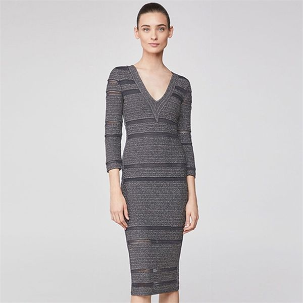 

summer women's long sleeve bodycon bandage dress v neck hollow out club celebrity evening party midi dresses 210507, Black;gray