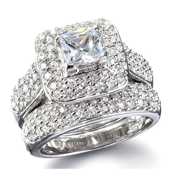 

size 5/6/7/8/9/10 jewelry princess cut 14kt white gold filled full z gem simulated diamond women wedding engagement ring set gift 34 n2, Silver