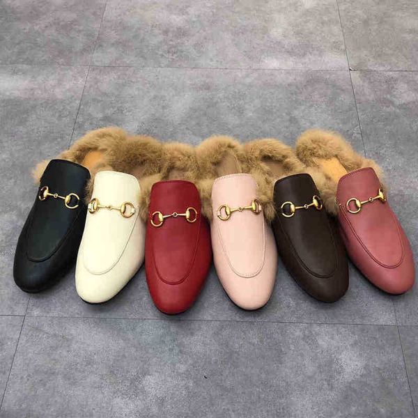 

classic male half slippers with 100% soft cowhide flat bottom metal buckle hair slippers embroidered woman shoes warm wool slippers 35-42-45, Black