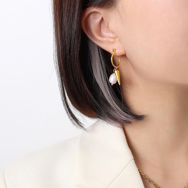 

hoop & huggie wtltc natural freshwater pearl earrings french retro drop irregular punk hanging small spike, Golden;silver