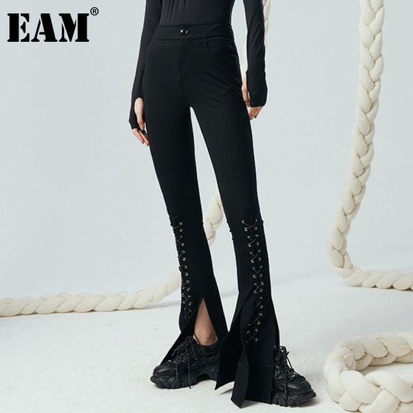 

[eam] high waist black slit bandage wide leg long trousers loose fit pants women fashion spring autumn 1dd6218 21512, Black;white