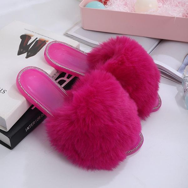 

fur slides women summer slippers house real sandals ladies furry women's shoes home crystal luxury female footwear 2021, Black