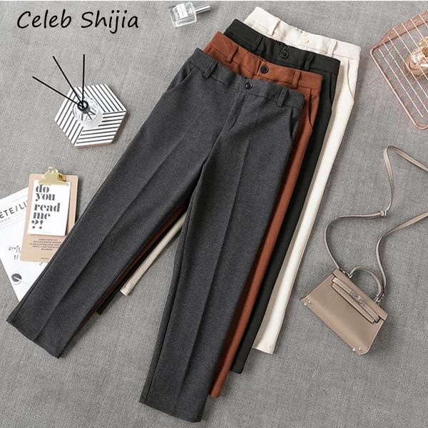 

high waist woman woolen pants loose apricot gray business ol blazer suit female autumn winter women's & capris, Black;white