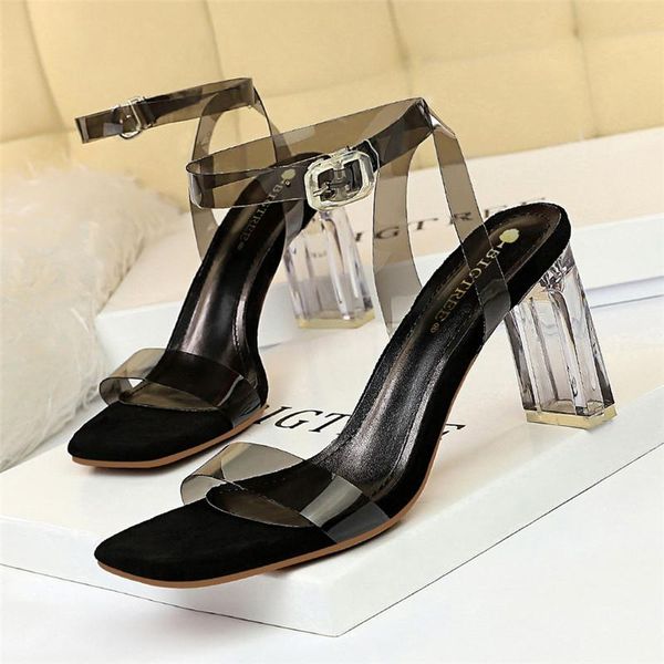 

transparent heels sandals clear belt buckle fashion summer shoes woman high women designer, Black