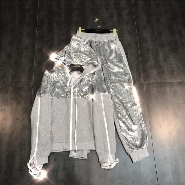 

two piece dress shiny sequins hooded coat zipper hoodie who sport suit, White