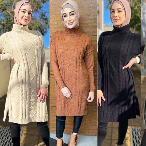 

muslim autumn winter turkish turtleneck pullover sweaters women solid knitted full sleeve knee length arabic islamic women's, White;black