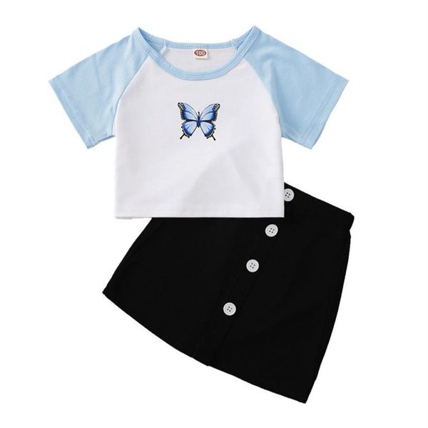

clothing sets kids girls fashion 2-piece outfit set butterfly print t-shirt+skirt for children 3-10t, White
