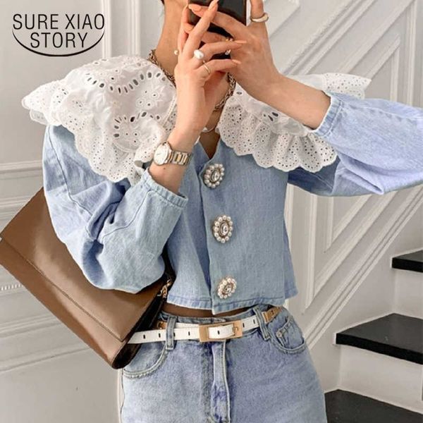 

women shirts spring autumn korean fashion temperament girls age-reducing lace doll collar demin blouses blusa 13968 210527, White