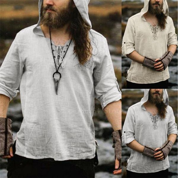 

men's t-shirts man retro long sleeve bandage v neck tshirts medieval viking vinatge shirt linen casual streetwear loose male hooded t-s, White;black