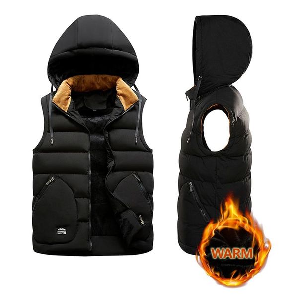 

men's vests sleeveless jacket vest male men casual brand hat hooded warm thick waistcoat asian size veste homme fashion clothing 228, Black;white