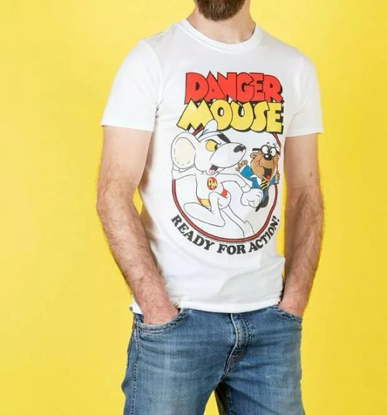 

official men's danger mouse ready for action white t-shirt, White;black