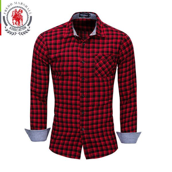 

fredd marshall plaid shirt men red shirt men fashion style 100% cotton long sleeve casual shirts camisa social fm170 210527, White;black