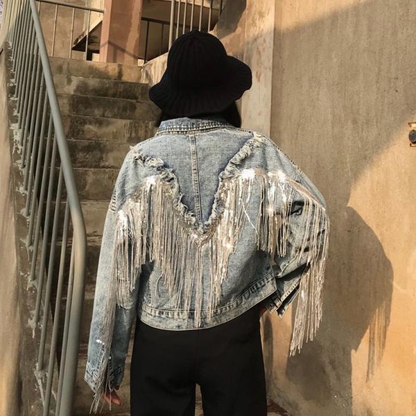 

women's jackets spring autumn 2021 tassel sequins denim jacket women bomber long sleeve coats streetwear female jeans feminino, Black;brown