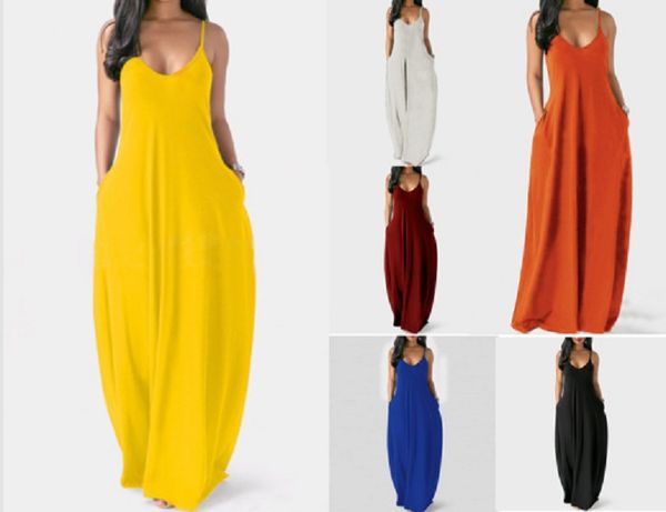 

women solid color dresses summer sleeveless pockets spaghetti straps maxi dress, Black;gray