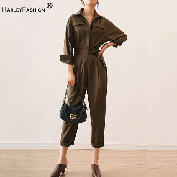 

russian women high street quality jumpsuits brown color spring fall fitness ankle-length handsome slim jumpsuits with slash, Black;white