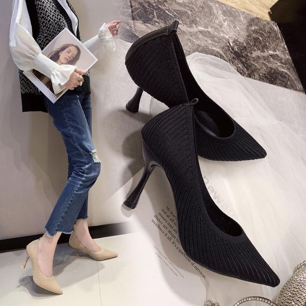 

dress shoes 2021 korean wild black shallow mouth pointed high heels fashion casual knitted breathable comfortable women's work
