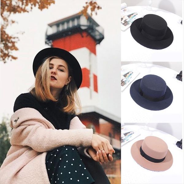 

Elegant Womens Hat With Bibbon Band Autumn Flat Top Wide Brim Felt Lady Fedoras Classic Church Wedding Travel British Jazz, Blue;gray