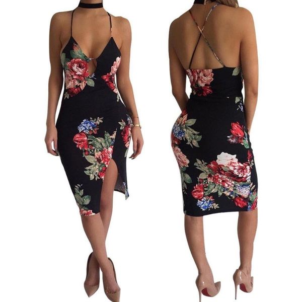 

casual dresses fashion women sleeveless bandage bodycon party mini dress summer floral vest v-neck clubwear, Black;gray