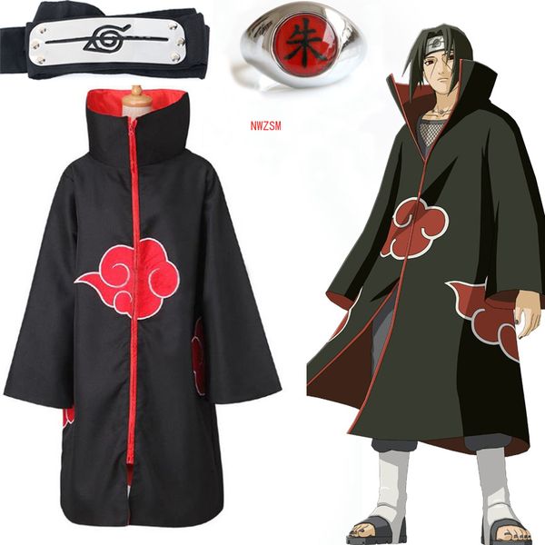 

anime akatsuki akatsuki cloak cosplay cartoon figures costume uchiha itachi ring headband men gifts sasuke robe cape halloween carnival