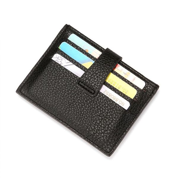 

card holders durable buckle small purse solid color pu holder coin men's lychee pattern all-match style, Brown;gray