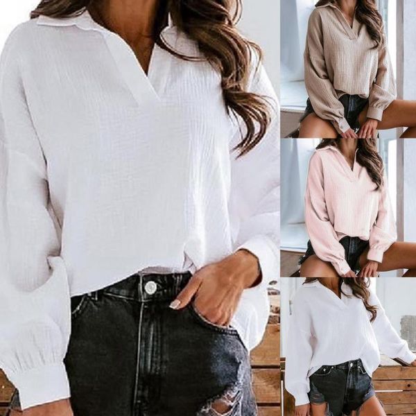 

women's t-shirt solid color women shirt turn-down collar long lantern sleeve casual ladies clothing, White