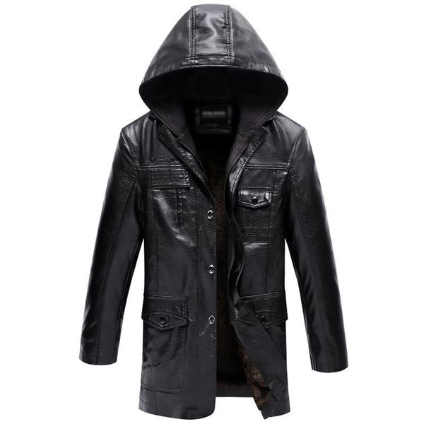 Idopy Winter Warme Herren Lange Kunstlederjacke mit abnehmbarer Kapuze Fleece PU Kunstleder Trenchcoat Jacke Hoodie 211111