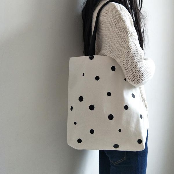 

shopping bags women big capacity canvas black polka dot shoulder eco reusable cloth cotton school female handbag tote