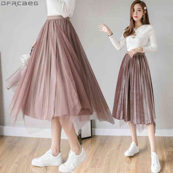 

casual dresses fashion patchwork mesh midi skirt women velvet winter saias both sides can wear jupe tulle femme stretch pleated la, Black;gray