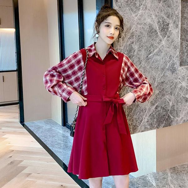 

maternity dresses 2021 spring and autumn long sleeve shirts year clothes red turn-down collar plaid patchwork pregnant woman, White
