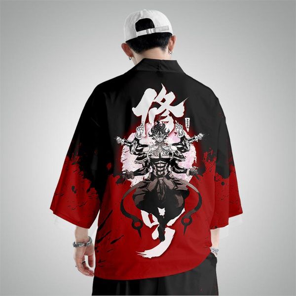 

ethnic clothing cartoon shura printed japanese street samurai harajuku kimono suit cardigan women men cosplay yukata pants set oversize, Red