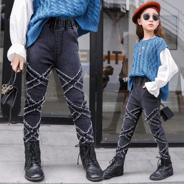 

jeans fashion 2021 kids pants little big girls black mid waist denim trousers clothing children straight jean girl leggings, Blue