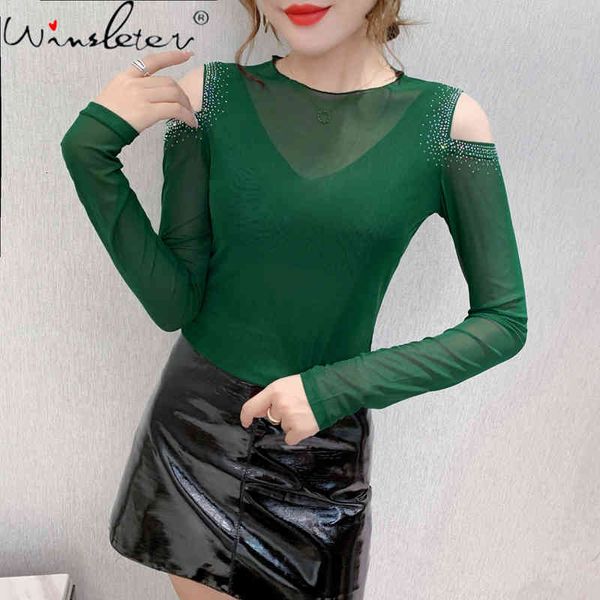 

women's t-shirt spring fall european clothes fashion o-neck mesh off shoulder shiny diamonds ropa mujer tees t00913a mzd, White