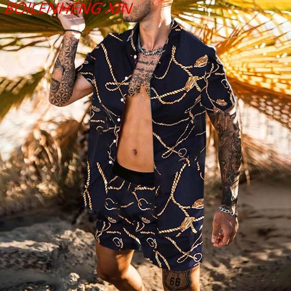 

men's tracksuits men 2 pieces sets printing 2021 summer short sleeve button shirt beach shorts streetwear casual mens hawaiian gothic s, Gray