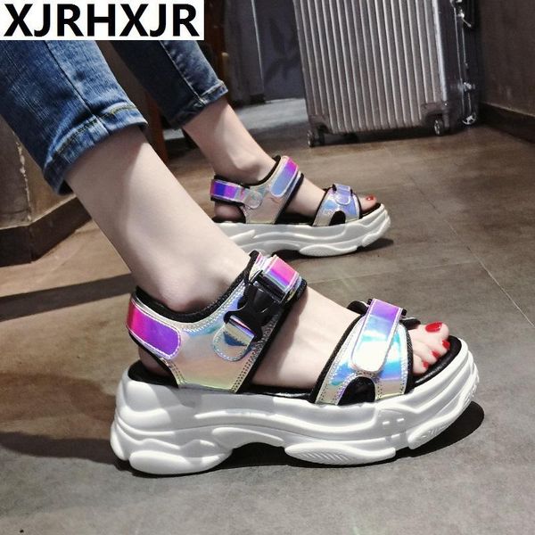 

6cm platform sandals women wedge high heels shoes buckle leather canvas summer zapatos mujer slippers woman sandal, Black