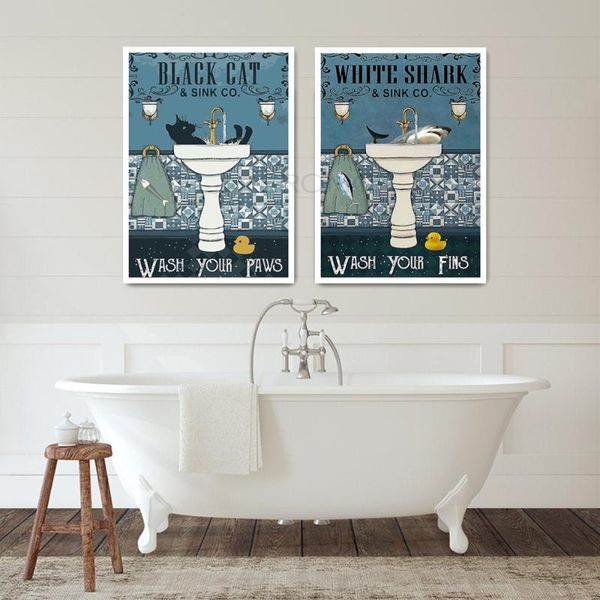 

paintings poster black cat wash your paws painting bathroom decoration artwork hd print vintage toilet modular furniture canvas picture